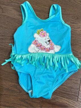 Amazing 80s 90s vintage Carter's Girls Swimsuit Fringe Bear Appliqué 2T-3T